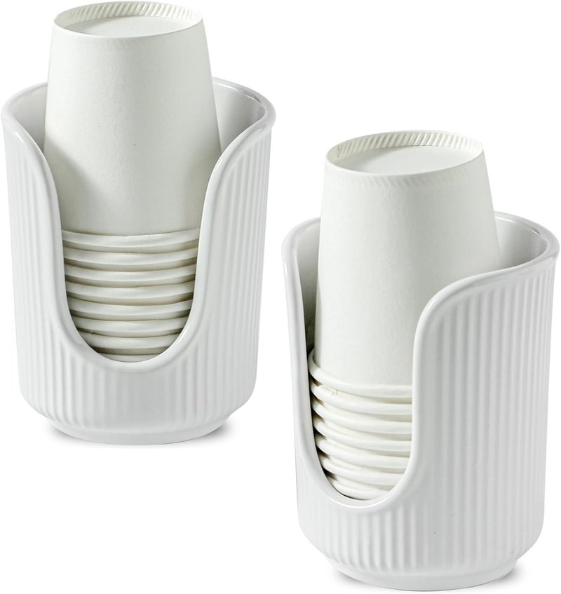 Dobbyby Ceramic Bathroom Cup Dispenser with Stylish Vertical Stripes - Disposable Mouthwash Cup Holder Holds 3-4oz Paper Cups for Rinsing Cups on Bathroom Vanity Countertops (White-White-2 Pack) - Image 1